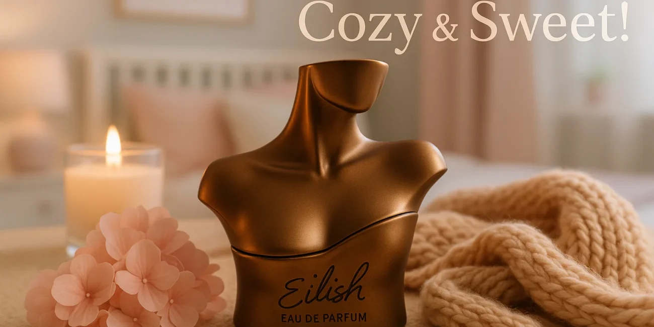 Billie Eilish perfume bottle on cozy vanity for sweet scent