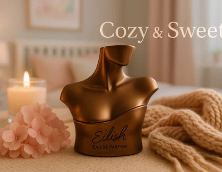 Billie Eilish perfume bottle on cozy vanity for sweet scent