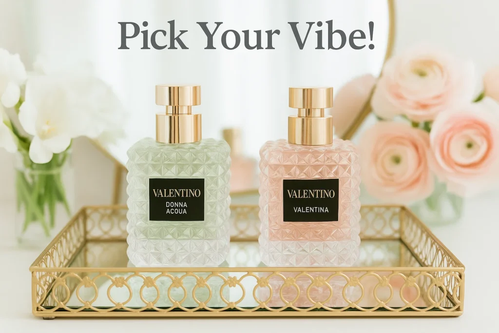 Valentino perfume for women green and pink on organizer tray