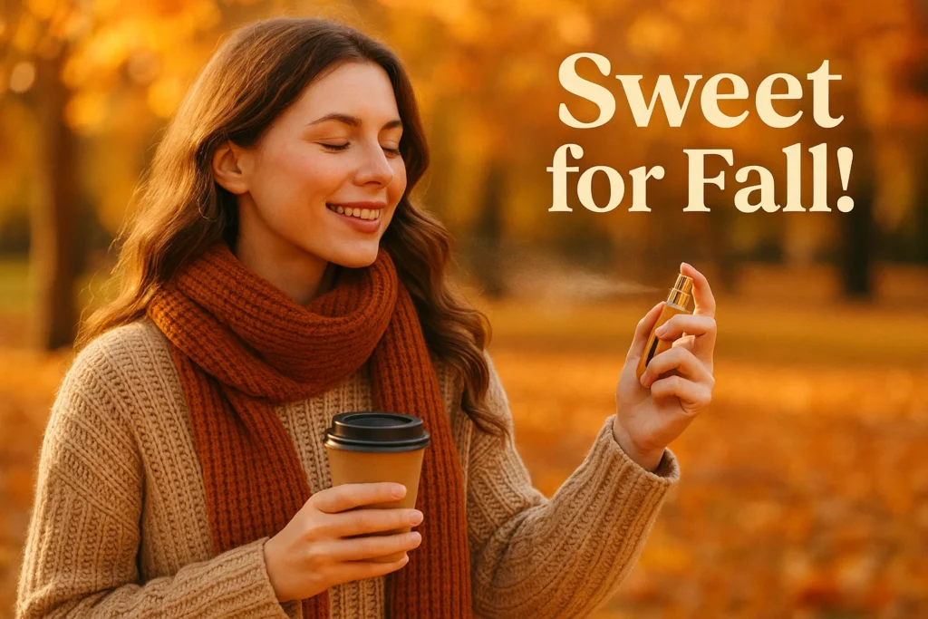 Woman using Billie Eilish perfume atomizer for sweet fragrance in fall