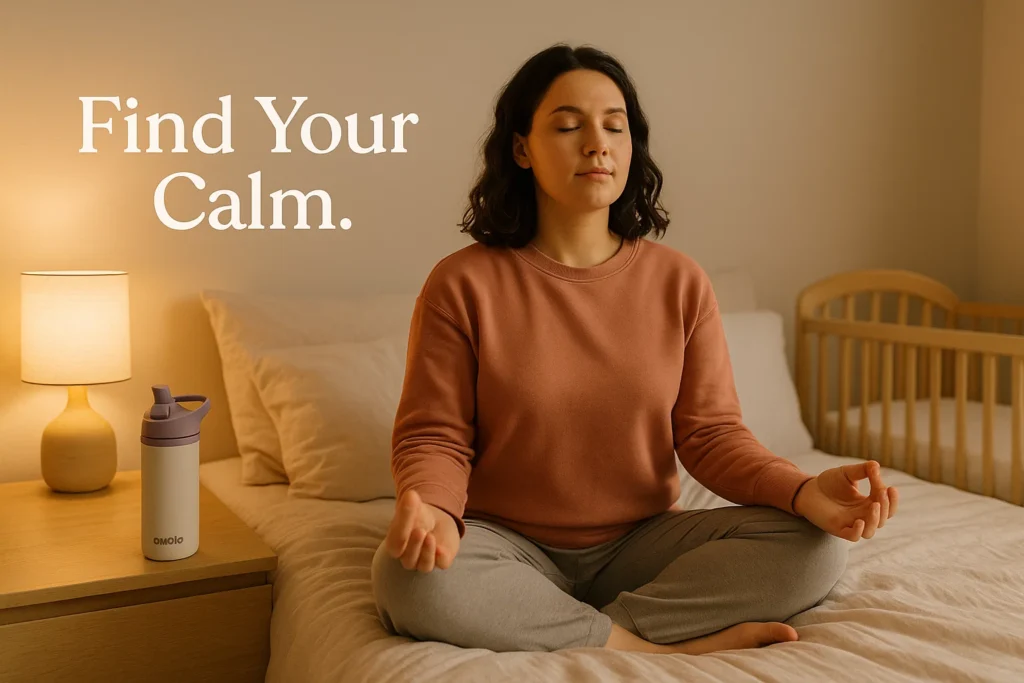 New mom meditating with Owala Water Bottle for postpartum stress relief