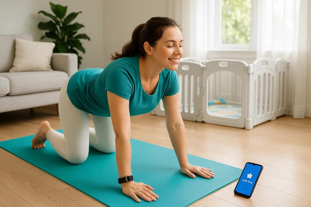 New mom doing postpartum yoga with Fitbit Charge 6 and Gaiam Yoga Mat