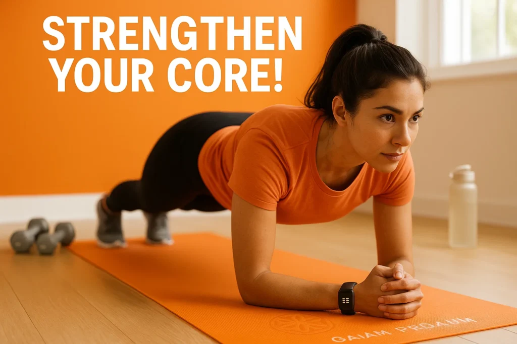 New mom doing plank on Gaiam Yoga Mat with Fitbit Charge 6
